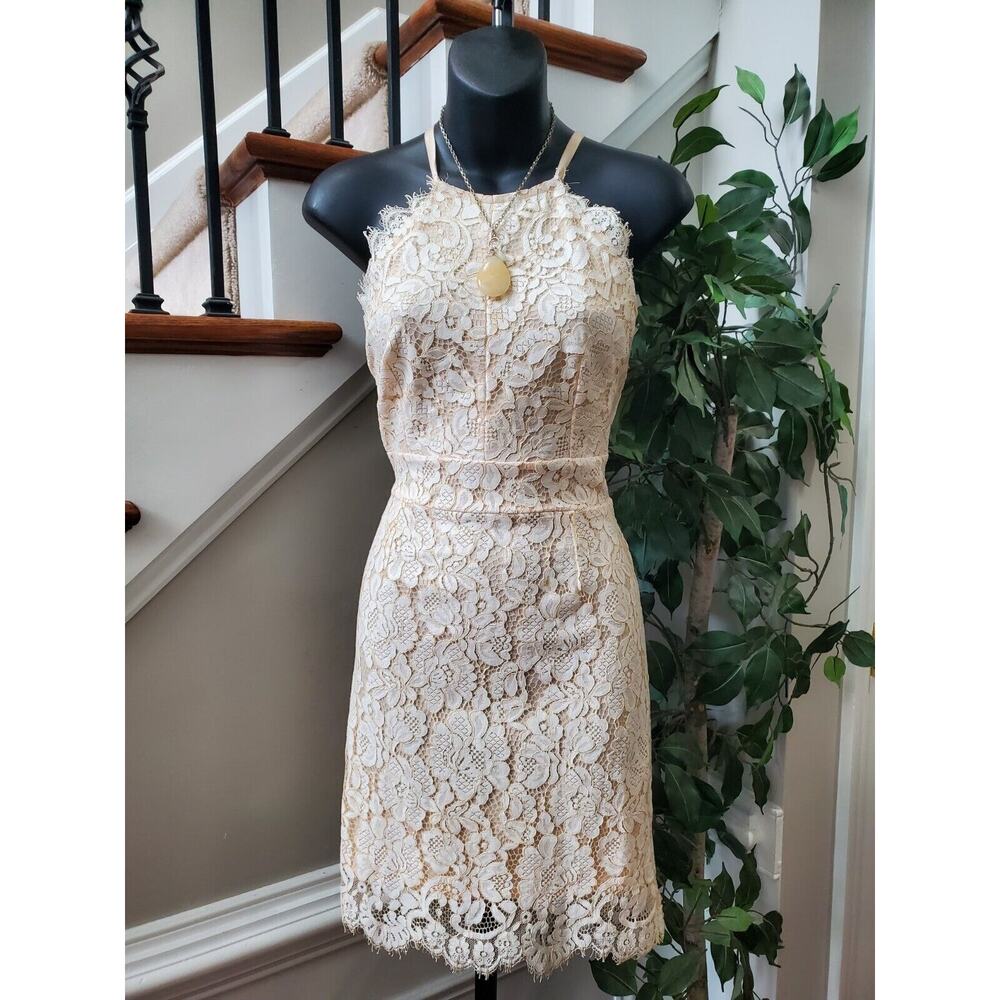 Dress Forum Ivory Lace Scalloped High Neck Midi Criss Cross Back Dress Size S